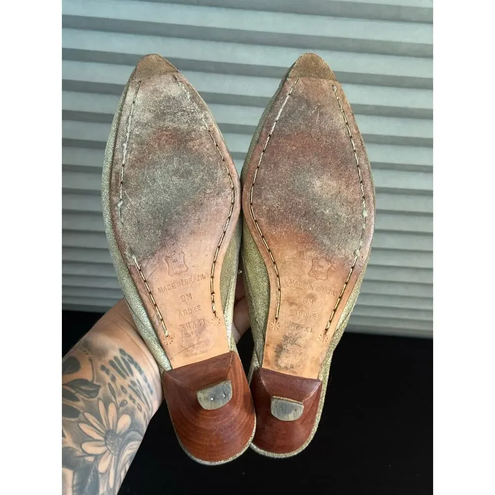 Oliver Addie Khaki Metallic Gold Leather Kitten Heel Mules Size 8 Pointed Toe